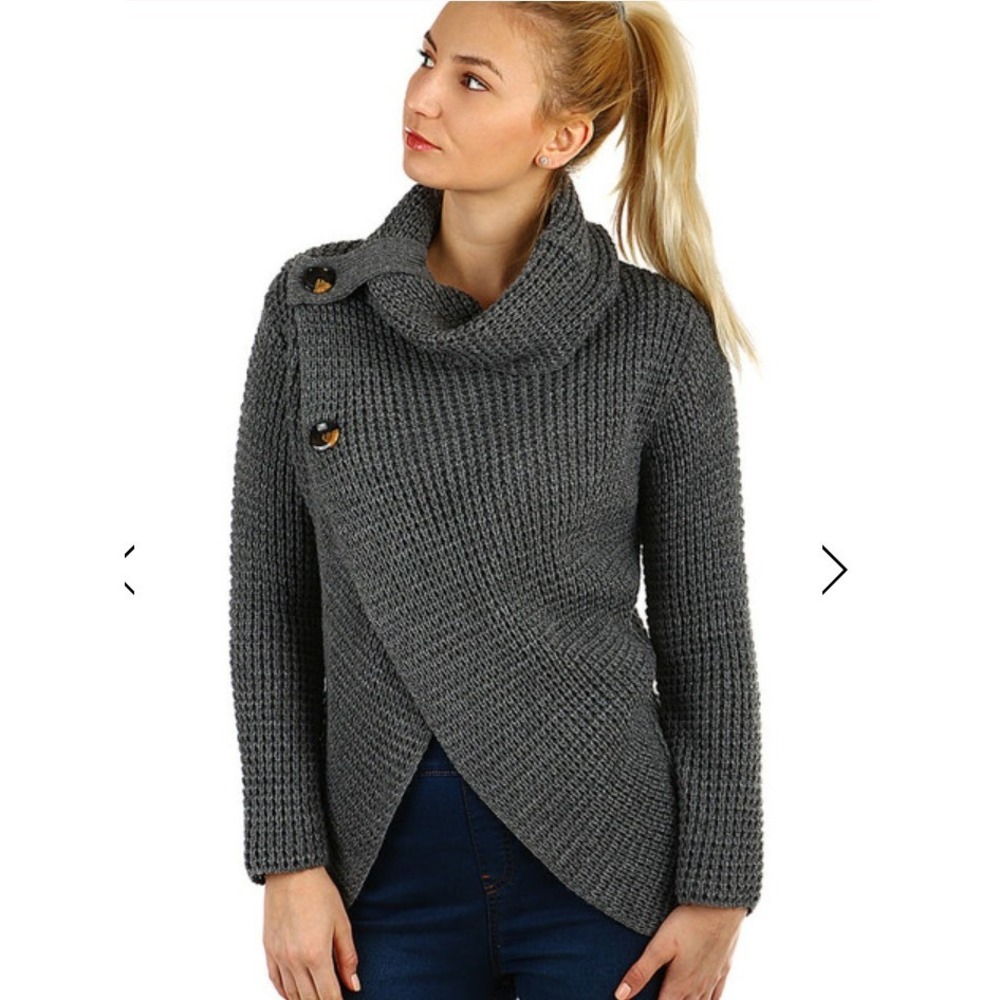 Oliver by Escio‎ Cardigan Sweater Asymmetric Gray Loose Knit Wrap Size Large